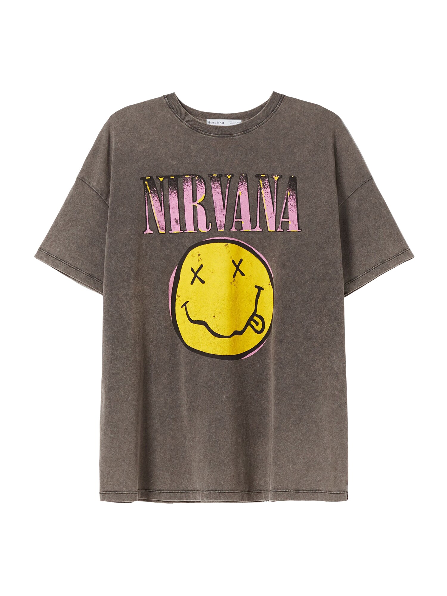 Bershka Oversize póló  sötétszürke / világos-rózsaszín / sárga / fekete